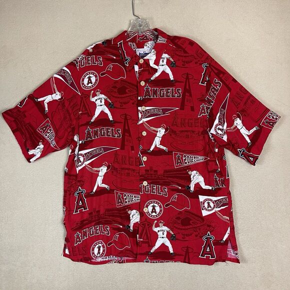 Reyn Spooner Shirt Adult Large Red Anaheim‎ Angels Hawaiian Short Sleeve Mens - Picture 1 of 10
